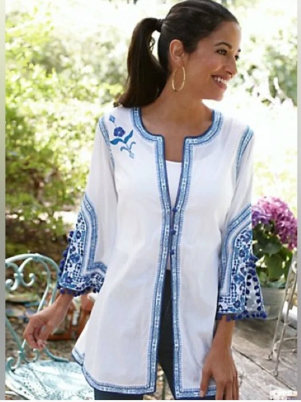 NWOT Soft Surroundings Women's 1X Embroidered Top Tunic White Blue